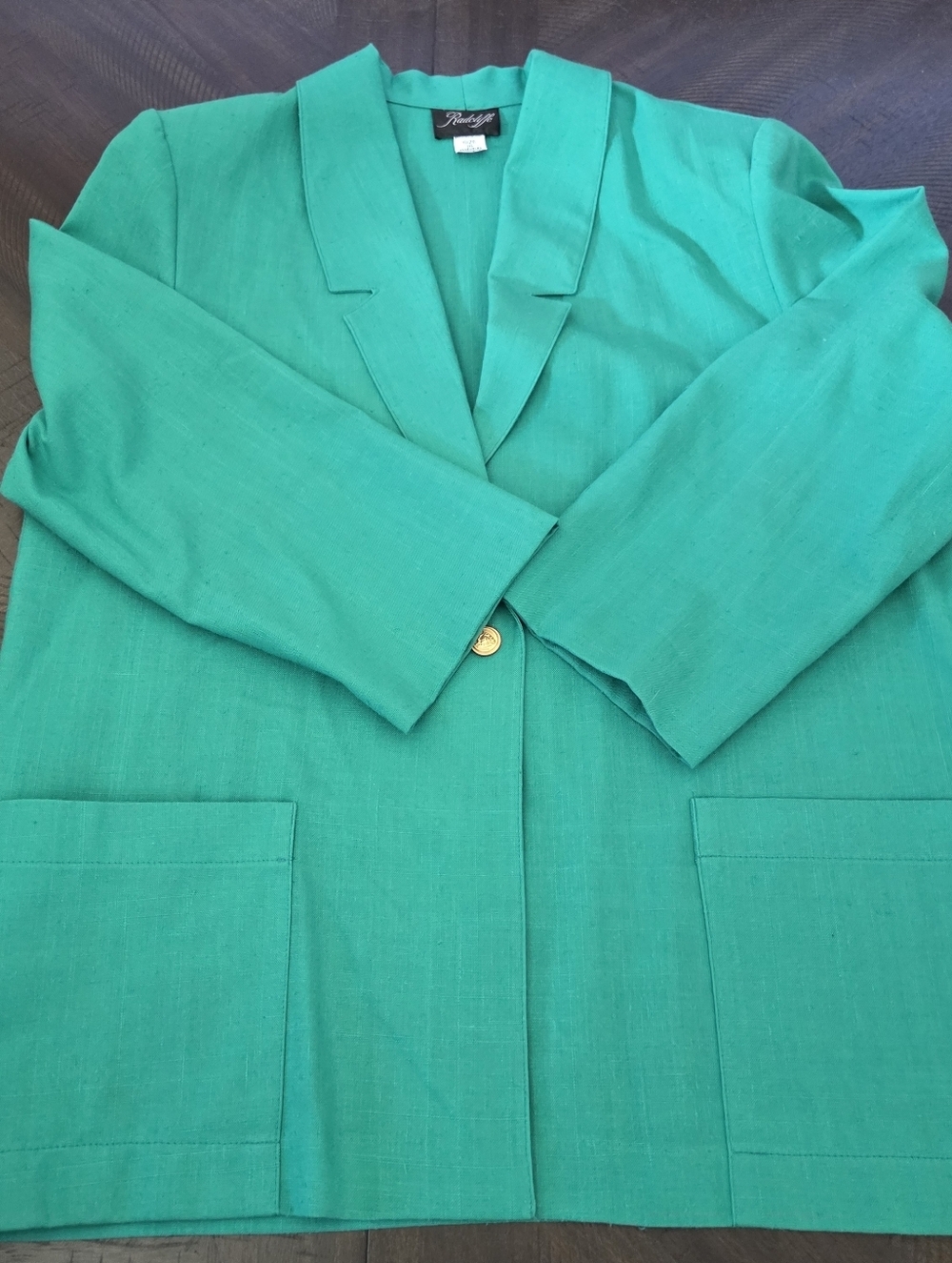 Vintage Radcliffe Emerald Green Linen Blend Blazer Coat Crest Button Size 16